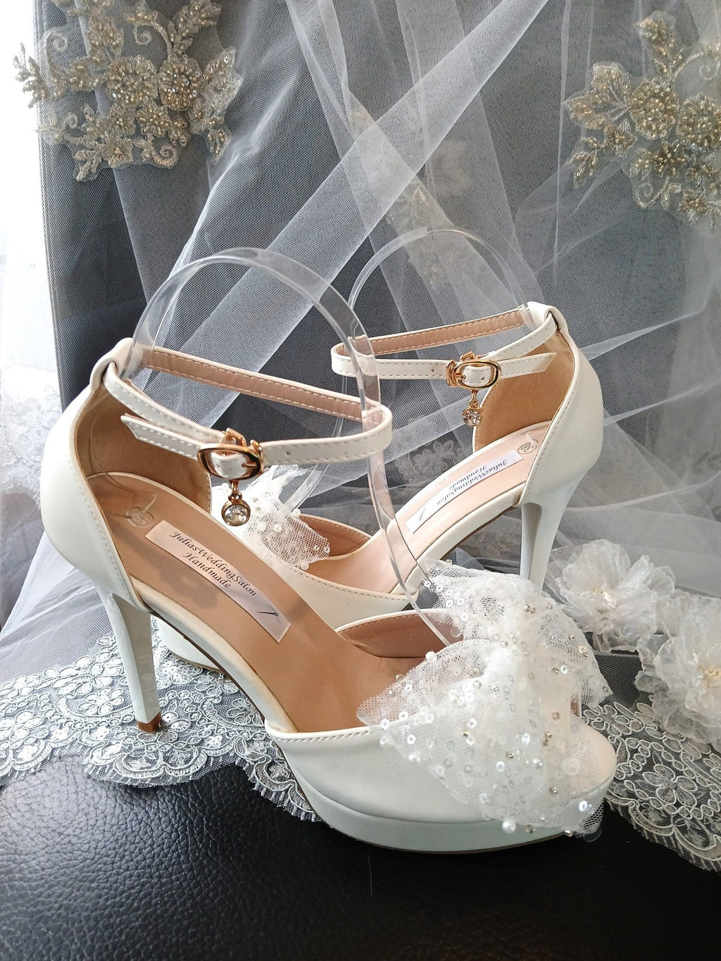 White Bridal Platform Sandals: Bow Tie High Heels
