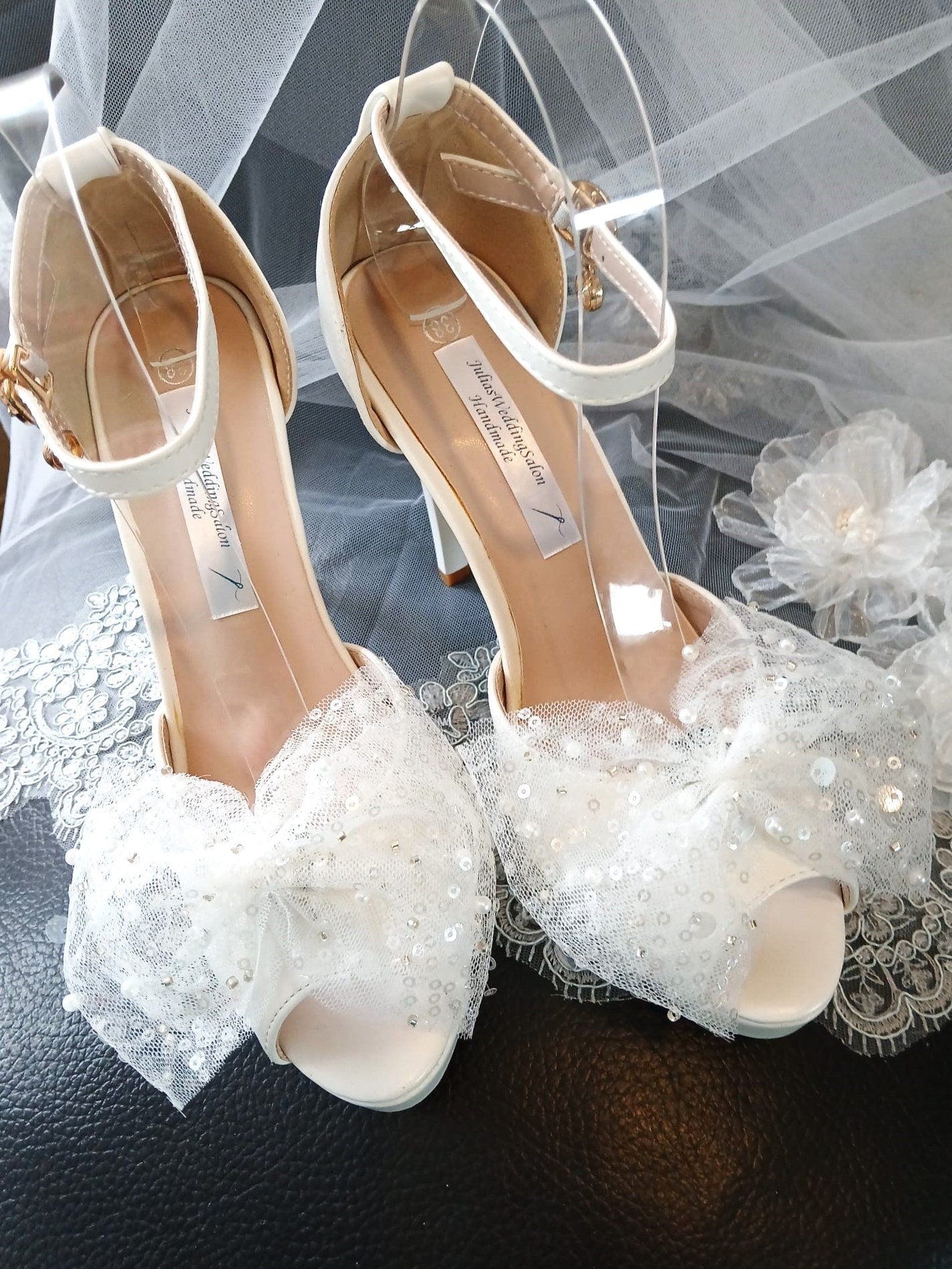 White Bridal Platform Sandals: Bow Tie High Heels