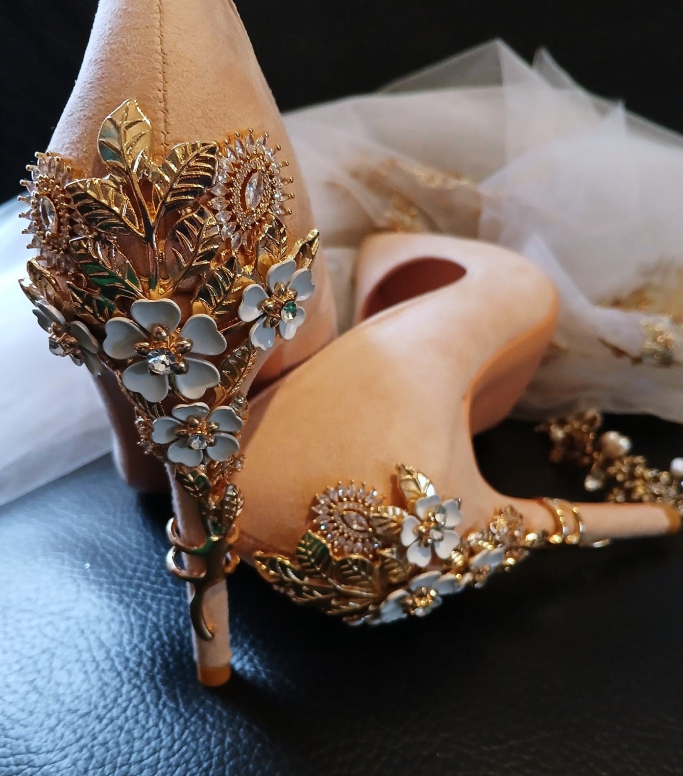 Blush Pink Suede Wedding Pumps: Gold Carved Floral Heels