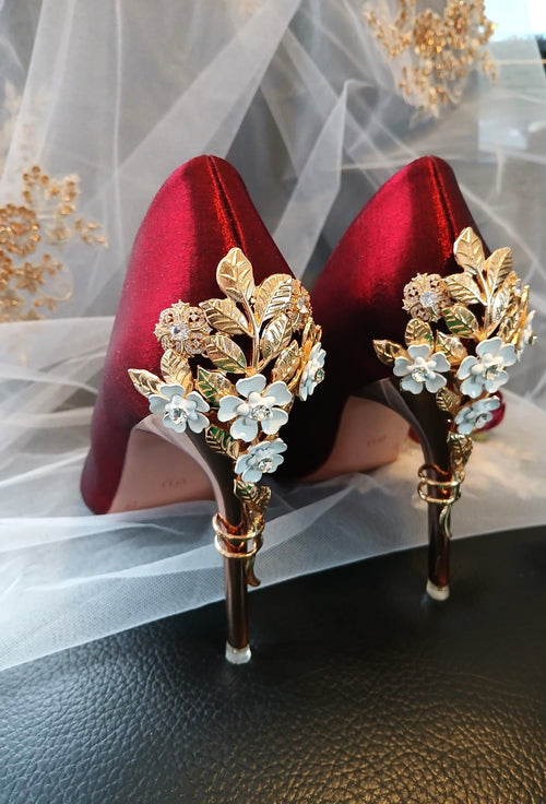 Burgundy Satin Bridal Shoes: Carved Floral Heel, Gothic Wedding