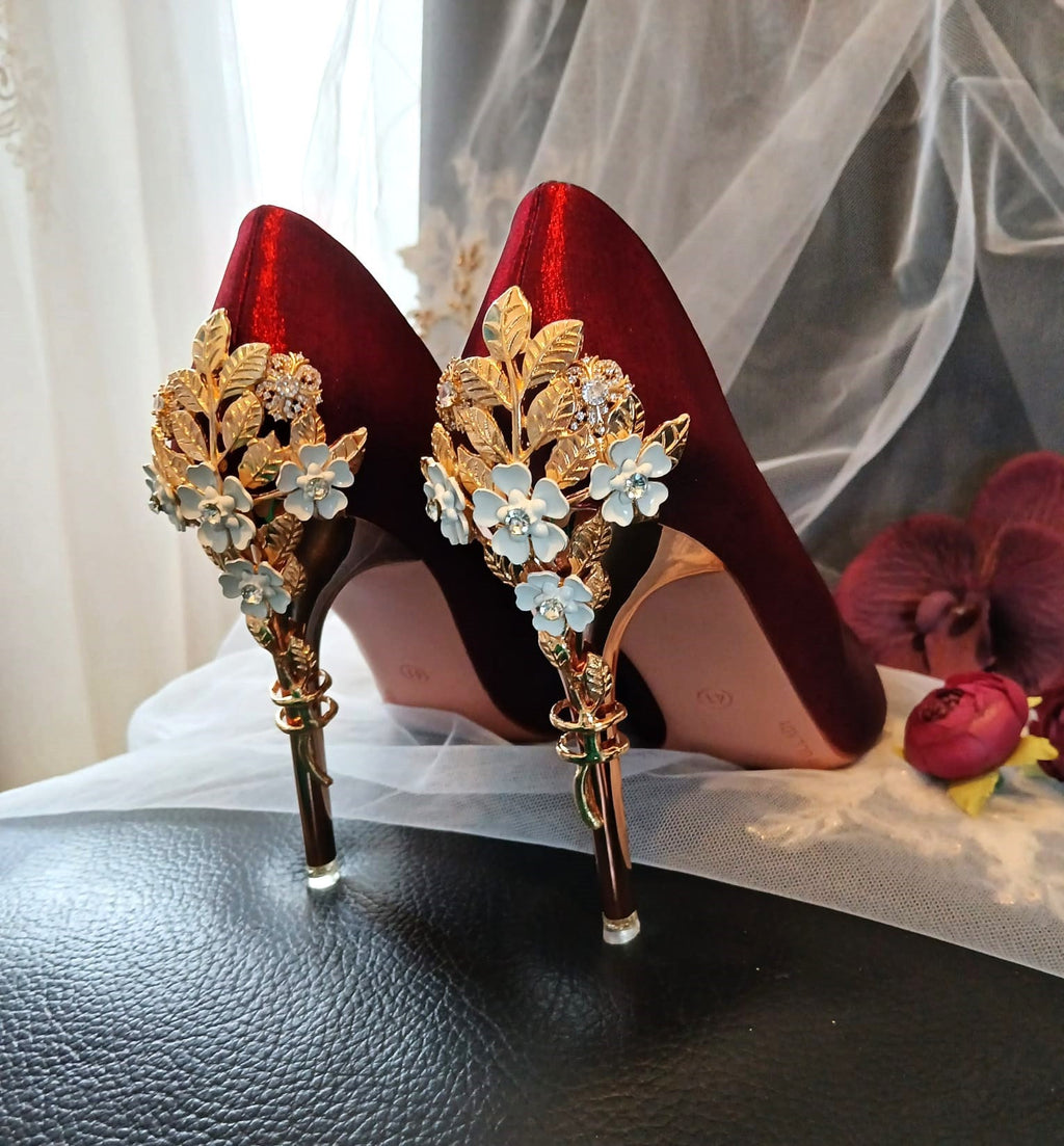 Burgundy Satin Bridal Shoes: Carved Floral Heel, Gothic Wedding