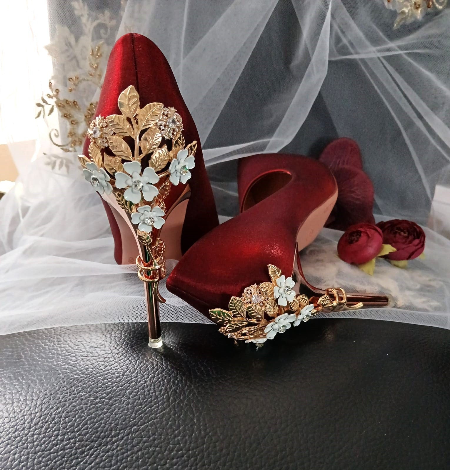 Burgundy Satin Bridal Shoes: Carved Floral Heel, Gothic Wedding