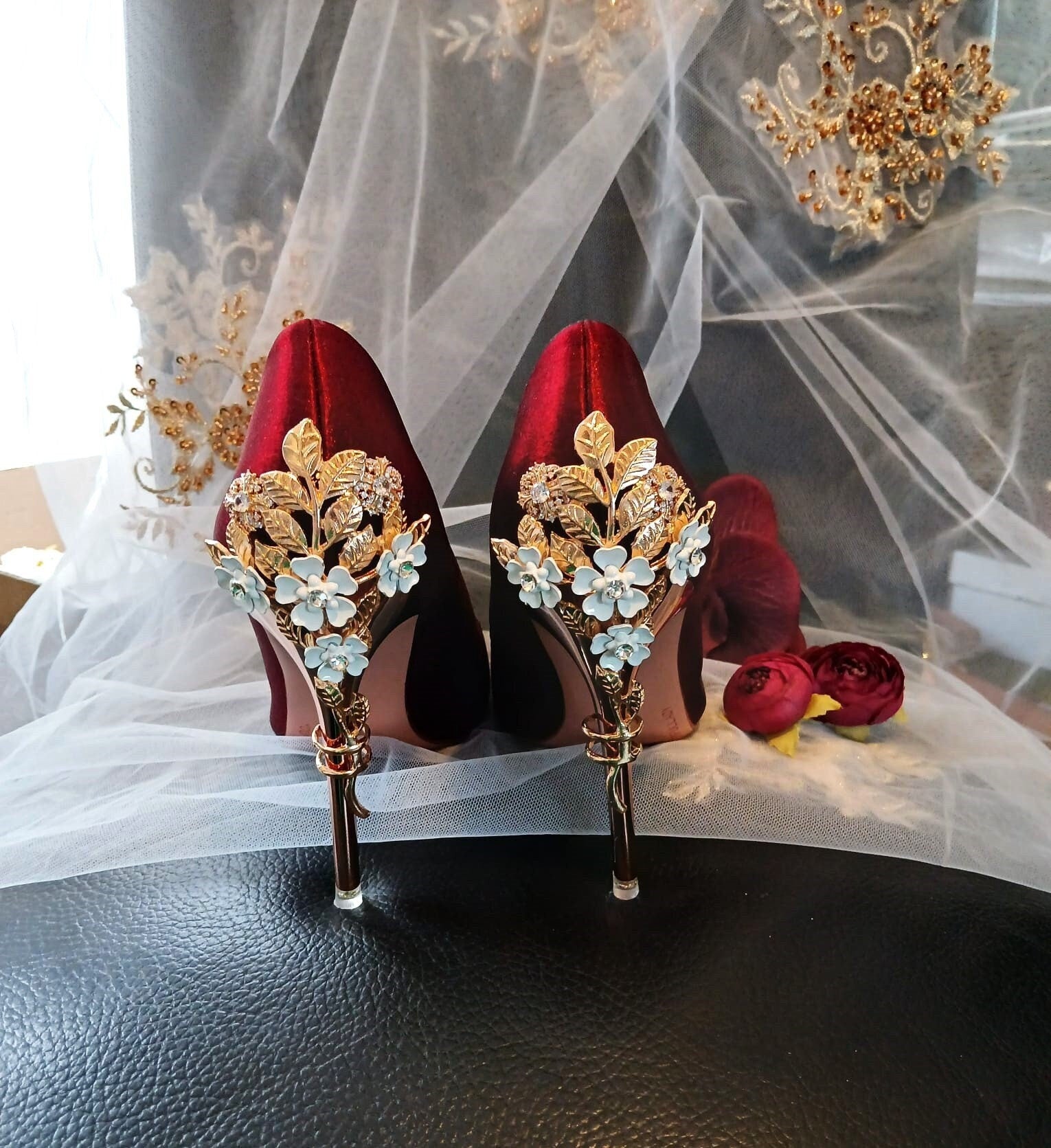 Burgundy Satin Bridal Shoes: Carved Floral Heel, Gothic Wedding