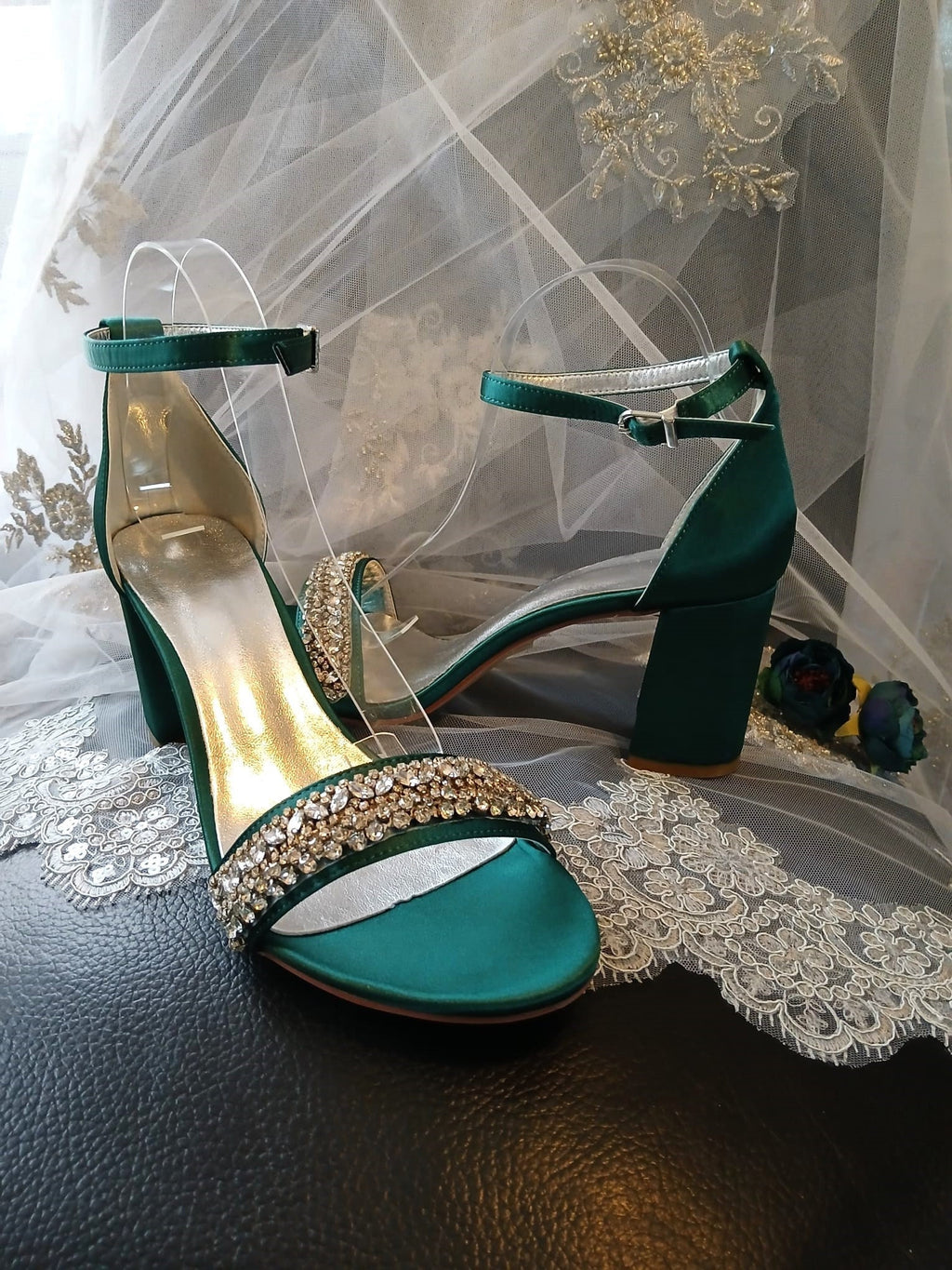 Green Satin Bridal Sandals: Crystal Block Heel Evening Shoes