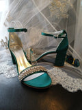 Green Satin Bridal Sandals: Crystal Block Heel Evening Shoes
