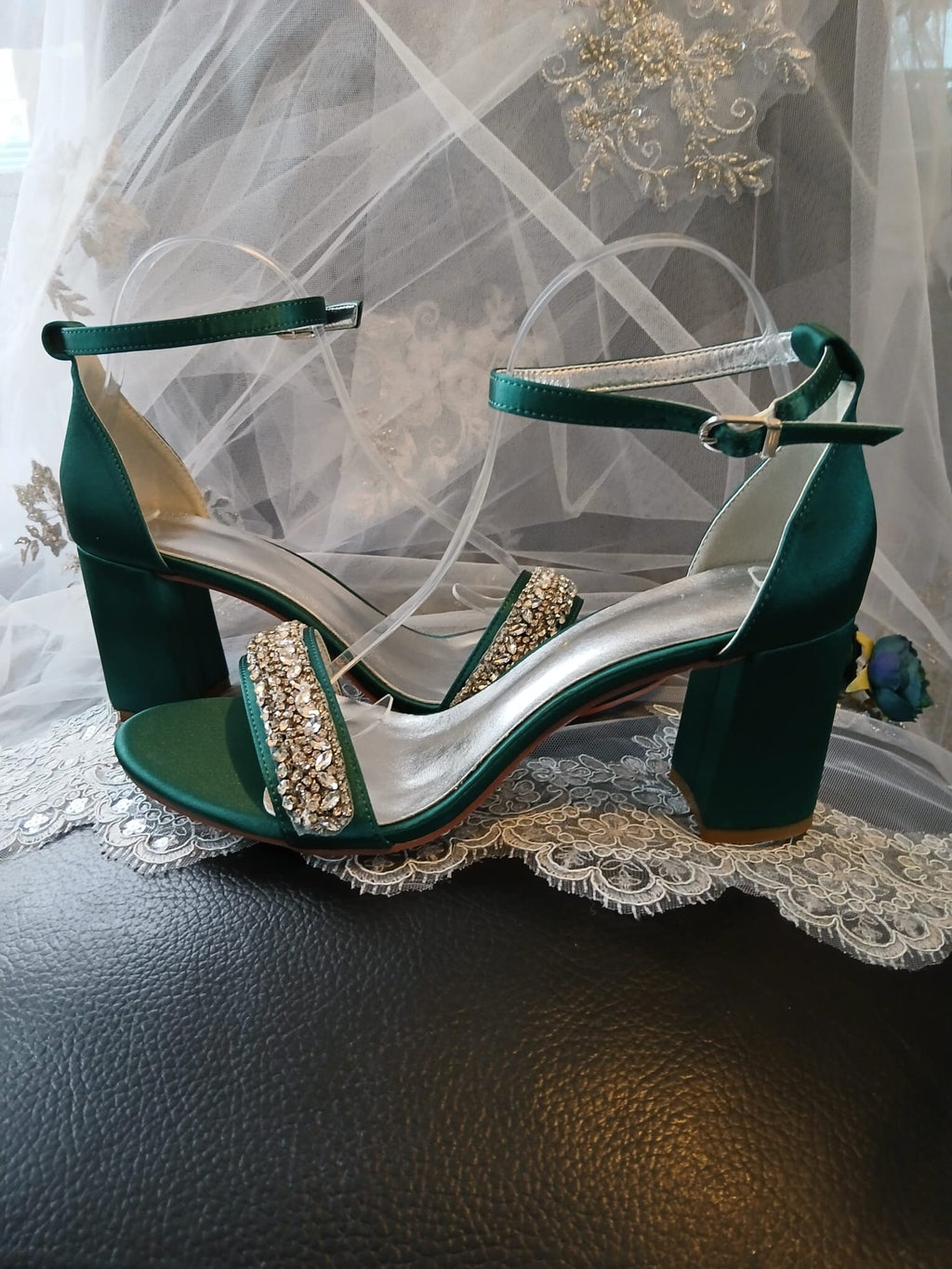 Green Satin Bridal Sandals: Crystal Block Heel Evening Shoes