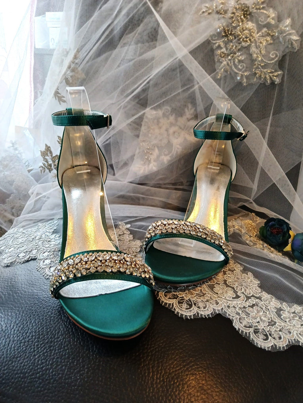 Green Satin Bridal Sandals: Crystal Block Heel Evening Shoes