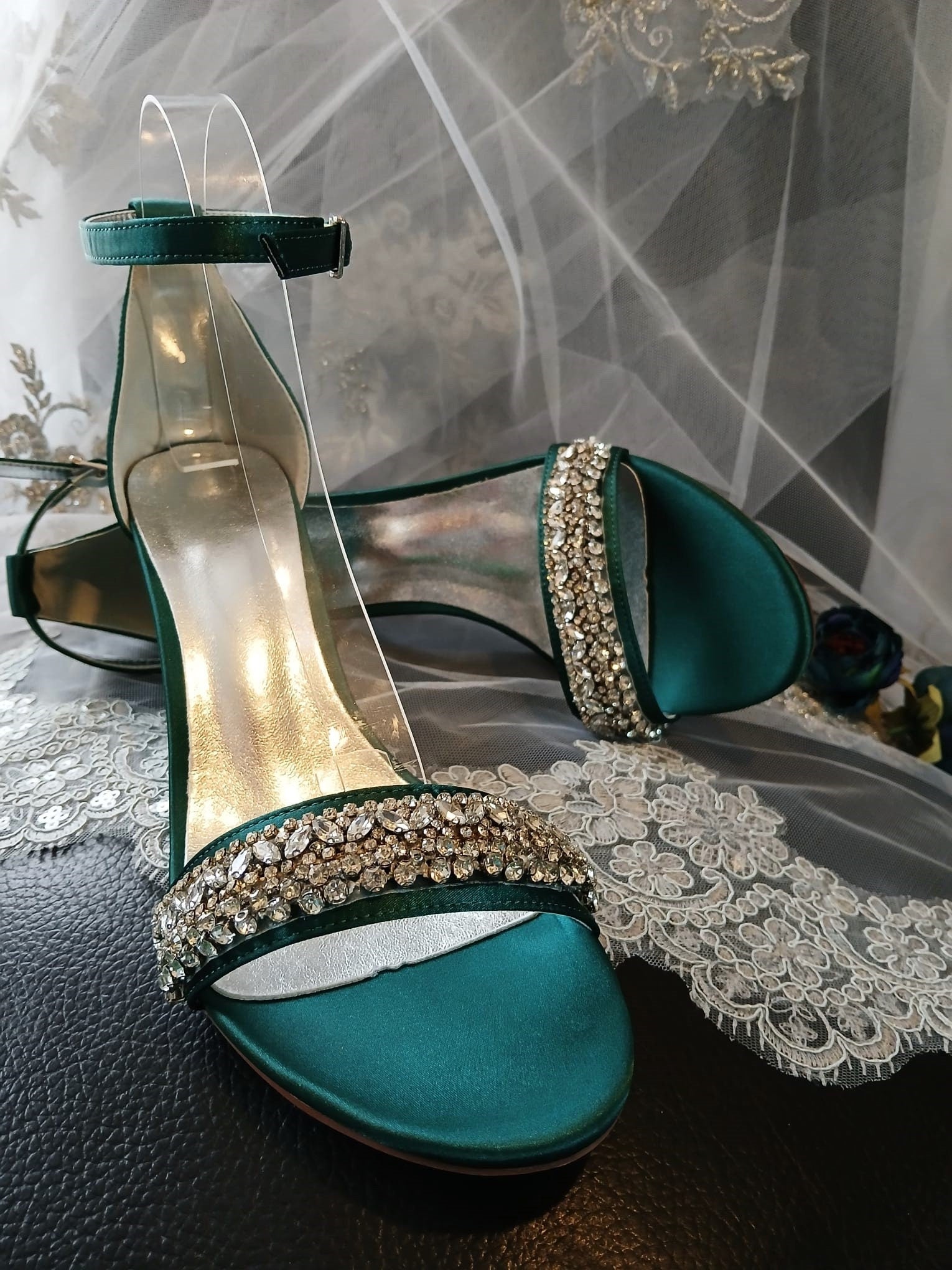 Green Satin Bridal Sandals: Crystal Block Heel Evening Shoes