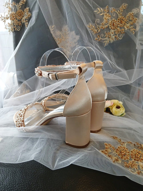 Champagne Bridal Sandals: Crystal Block Heel Evening Shoes