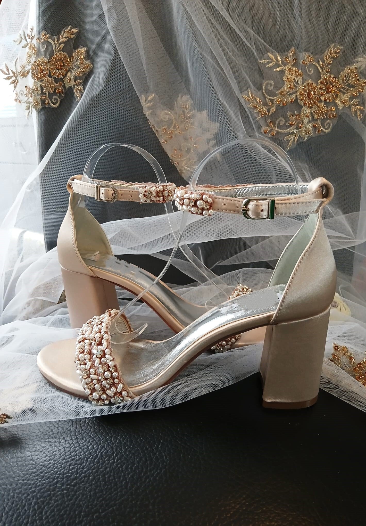 Champagne Bridal Sandals: Crystal Block Heel Evening Shoes