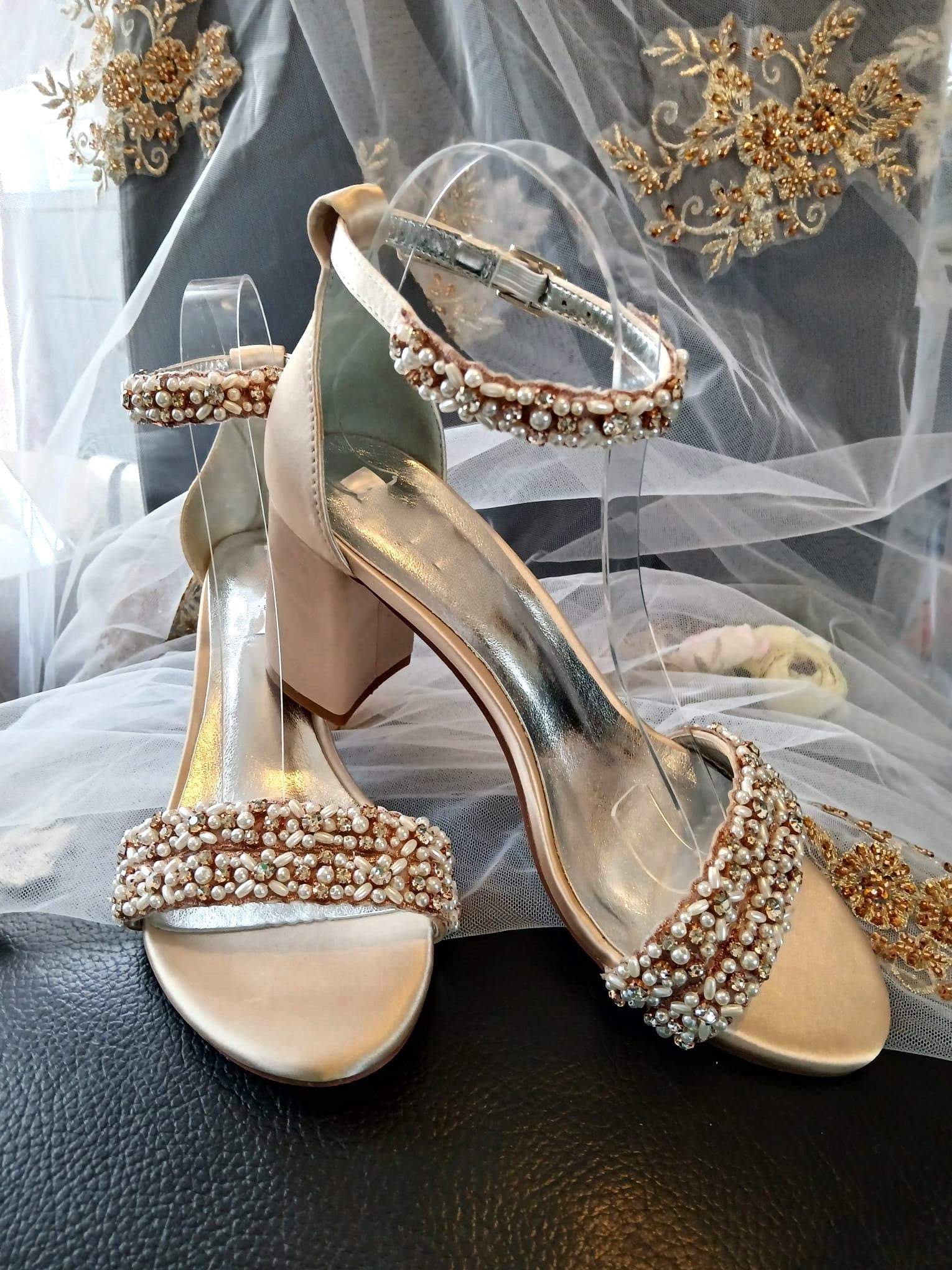 Champagne Bridal Sandals: Crystal Block Heel Evening Shoes