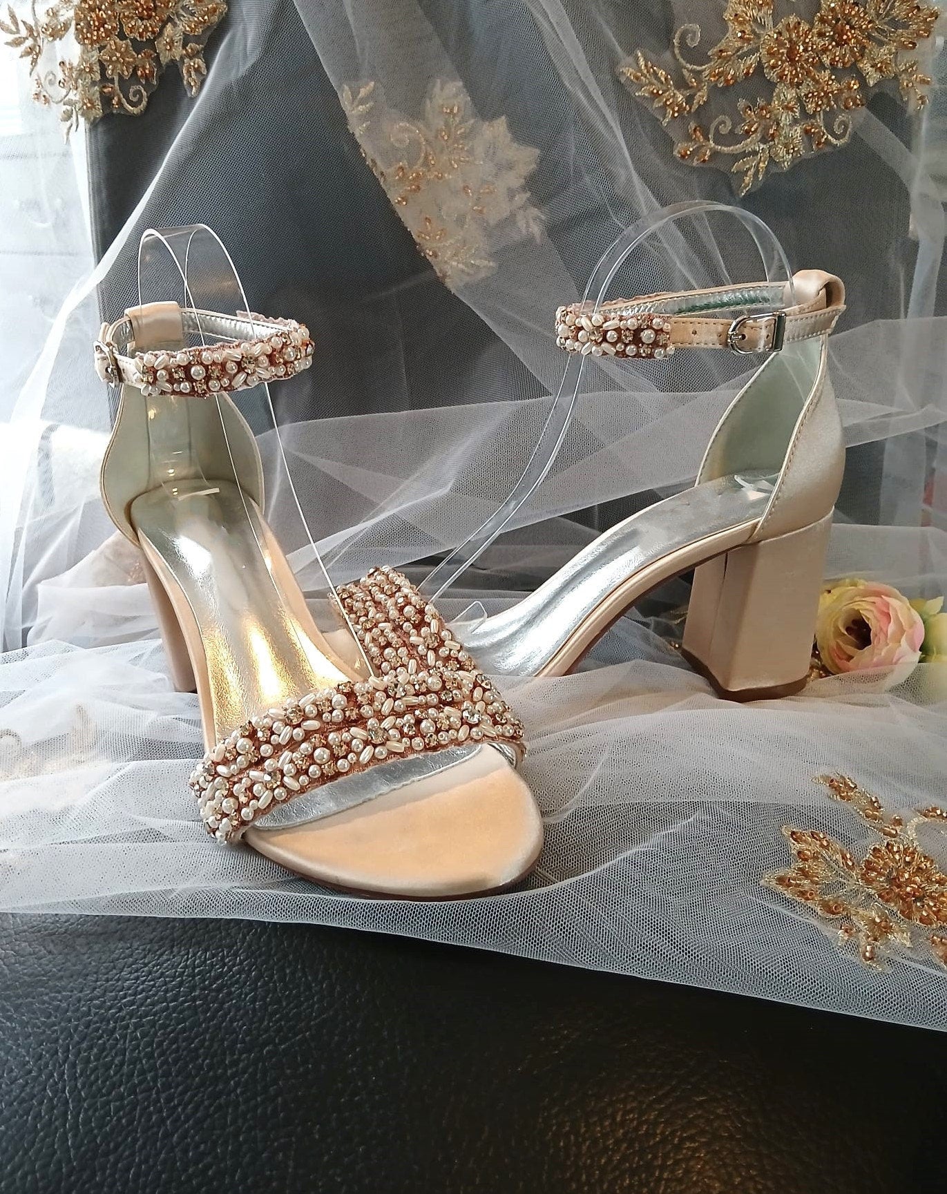 Champagne Bridal Sandals: Crystal Block Heel Evening Shoes
