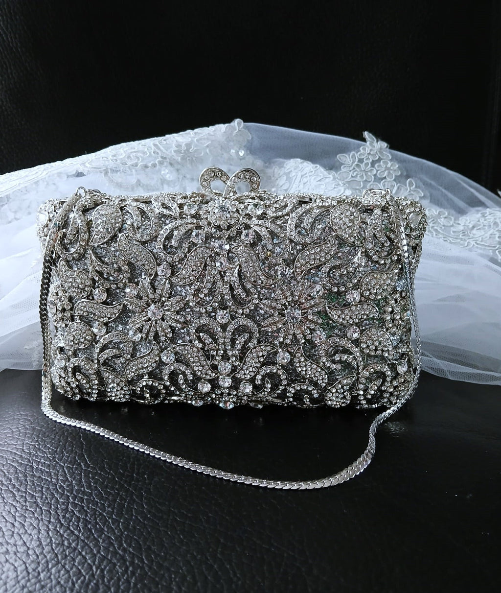 Silver Evening Clutch Bag In Metal Base: Swarovski Crystal Wedding Purse
