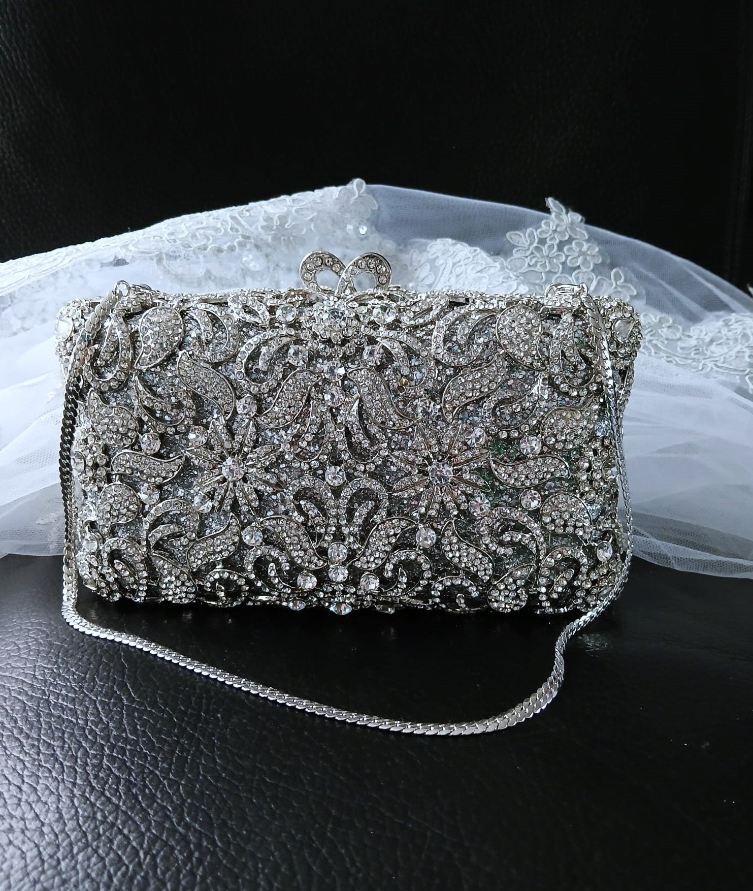 Silver Evening Clutch Bag In Metal Base: Swarovski Crystal Wedding Purse