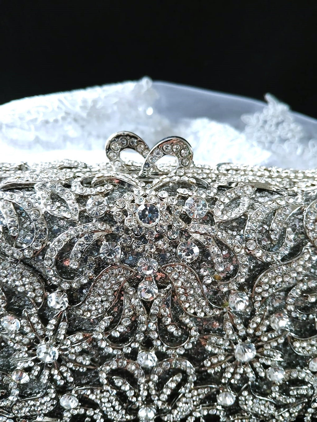 Silver Evening Clutch Bag In Metal Base: Swarovski Crystal Wedding Purse