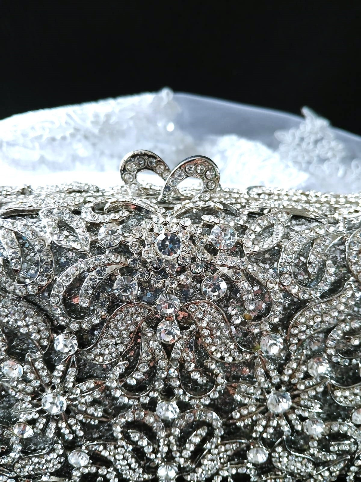 Silver Evening Clutch Bag In Metal Base: Swarovski Crystal Wedding Purse