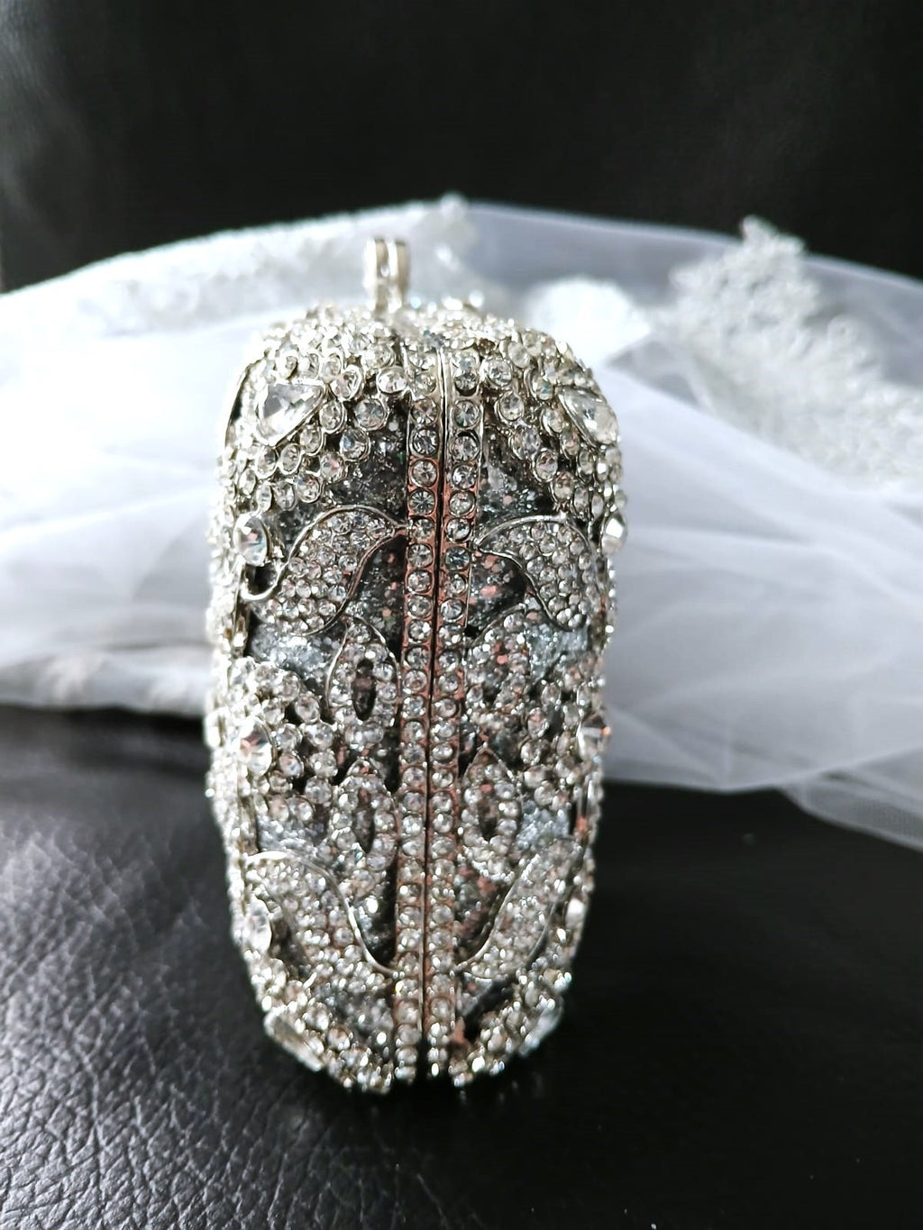 Silver Evening Clutch Bag In Metal Base: Swarovski Crystal Wedding Purse
