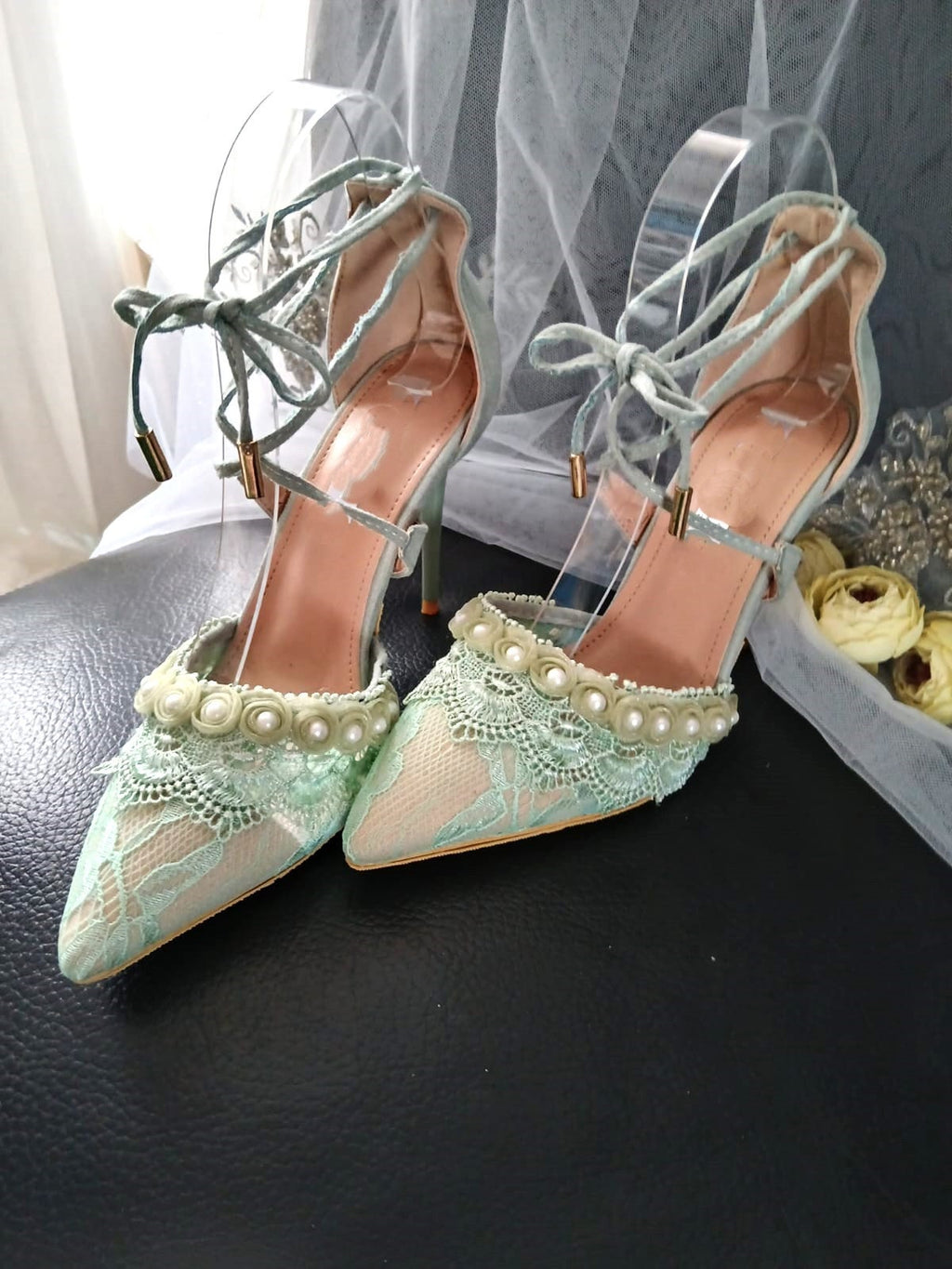 Sage Green Suede Bridal Shoes: Lace Wedding Sandals with Pearls