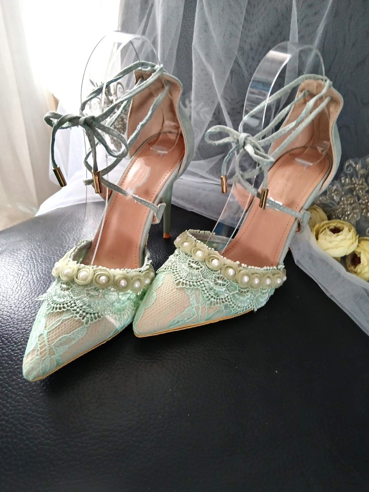 Sage Green Suede Bridal Shoes: Lace Wedding Sandals with Pearls