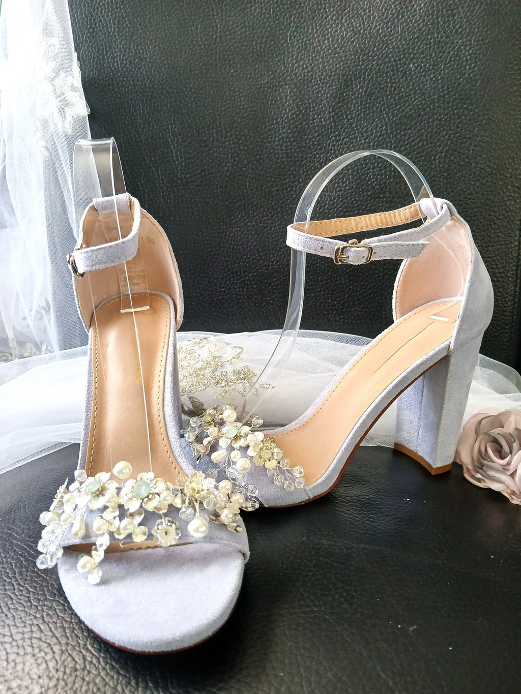 Lavender Suede Bridal Sandals: Block Heel Shoes with Flower Clips