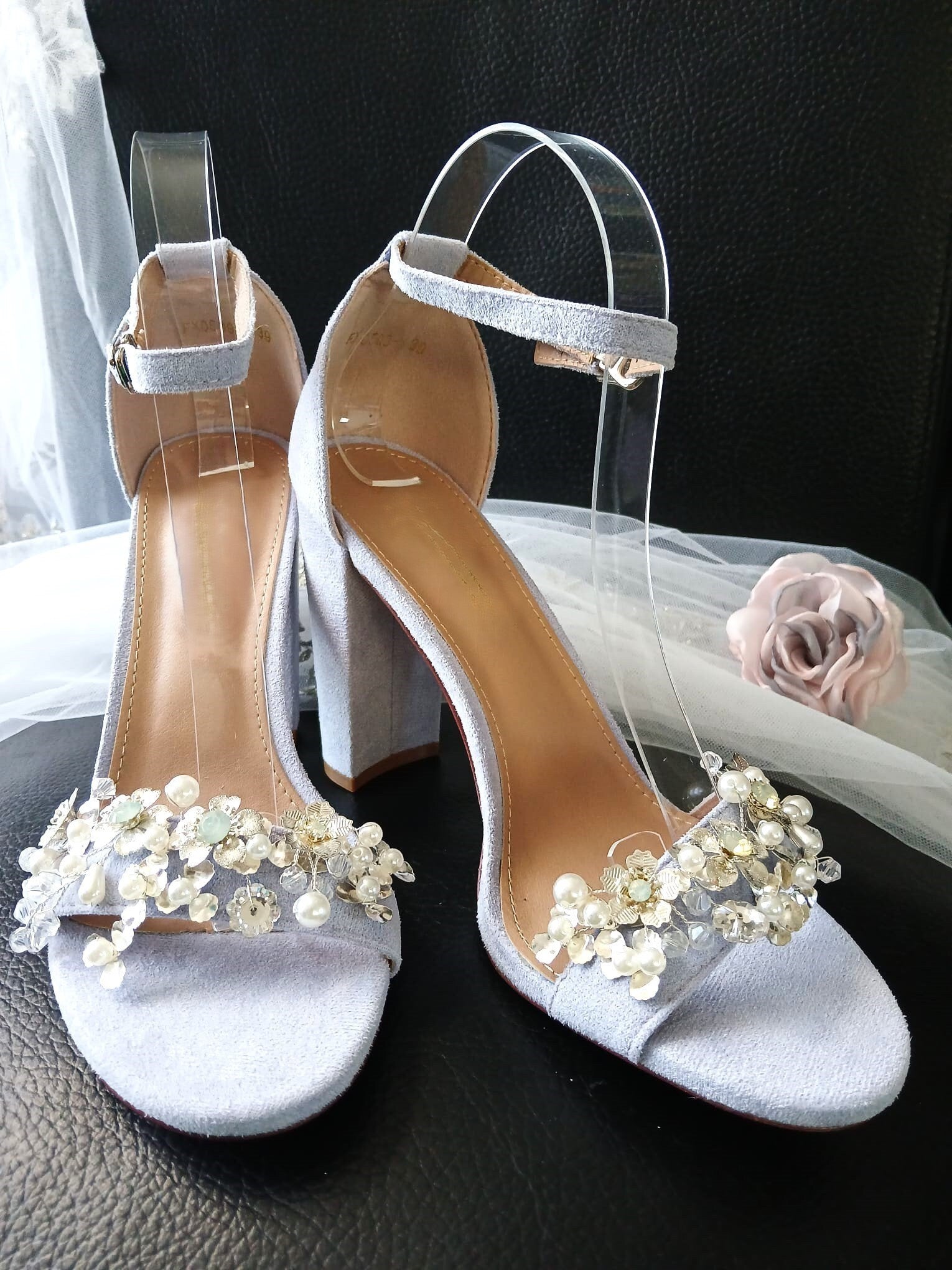 Lavender Suede Bridal Sandals: Block Heel Shoes with Flower Clips