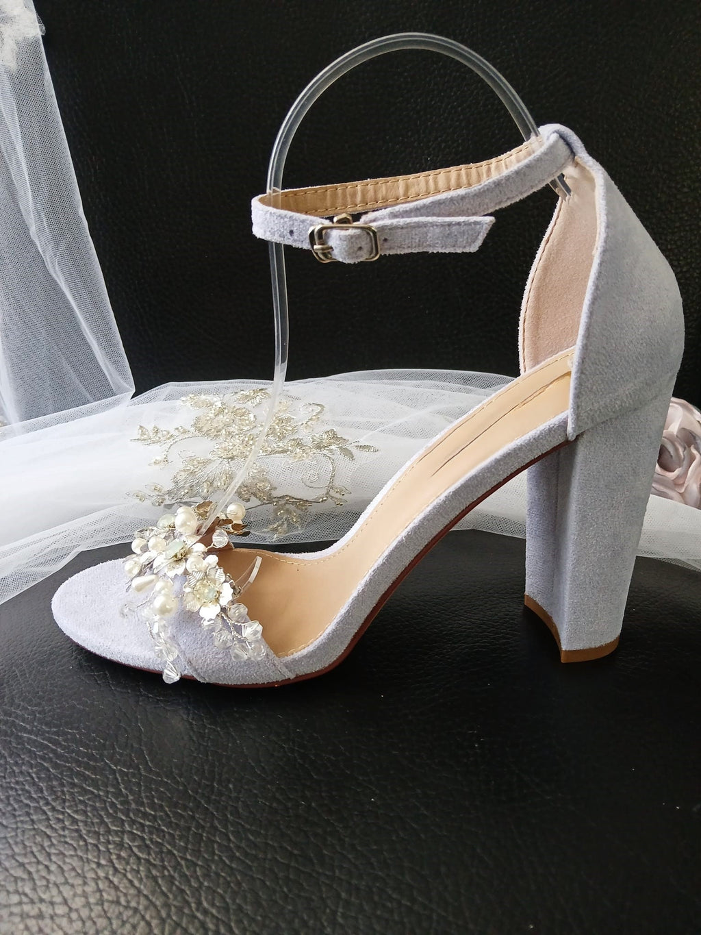 Lavender Suede Bridal Sandals: Block Heel Shoes with Flower Clips