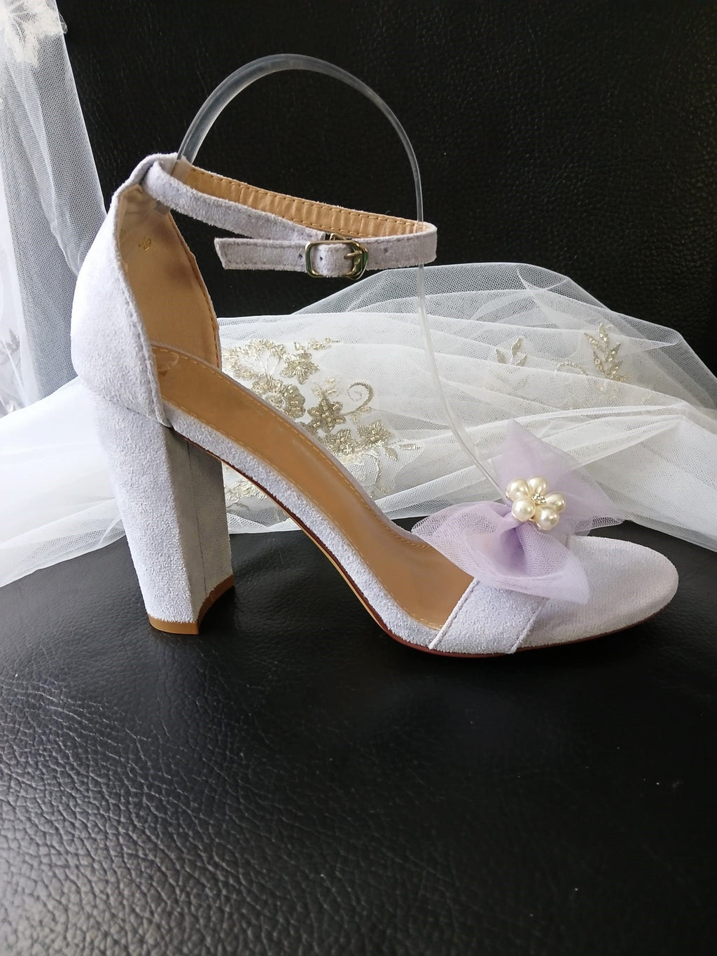 Lavender Suede Bridal Sandals: Block Heel Open Toe Shoes