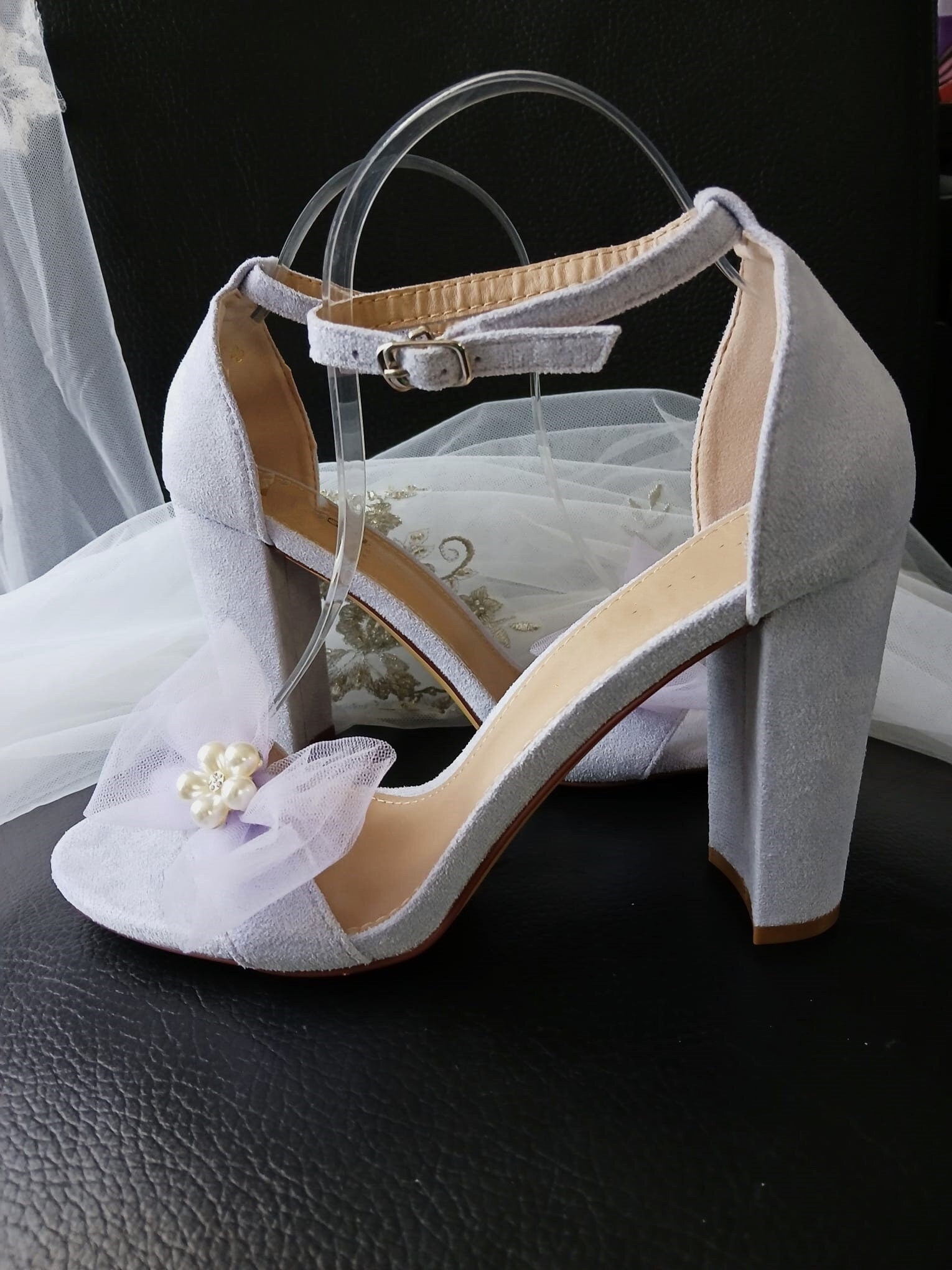 Lavender Suede Bridal Sandals: Block Heel Open Toe Shoes