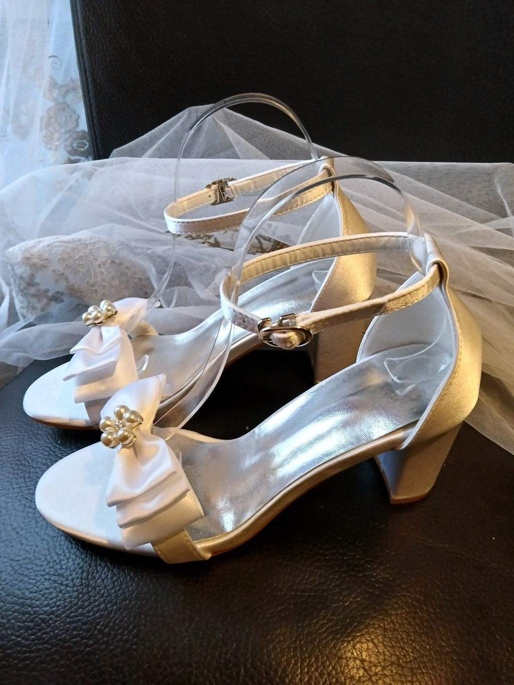 Satin Bridal Sandals with Bow Clips: Block Heel Wedding Shoes