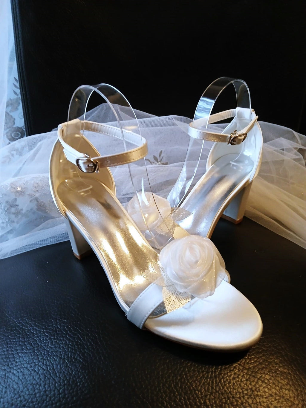 Satin Bridal Sandals: White Flower Clip Wedding Heels (8cm)