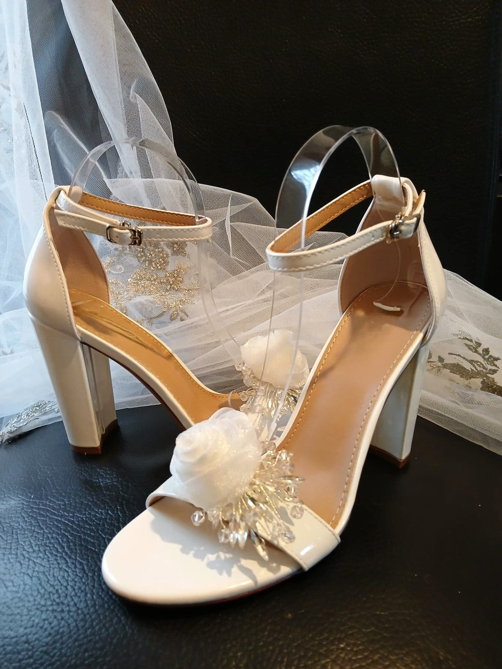 Off-White Bridal Sandals: Organza Flower Block Heel Shoes