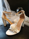 Off-White Bridal Sandals: Organza Flower Block Heel Shoes