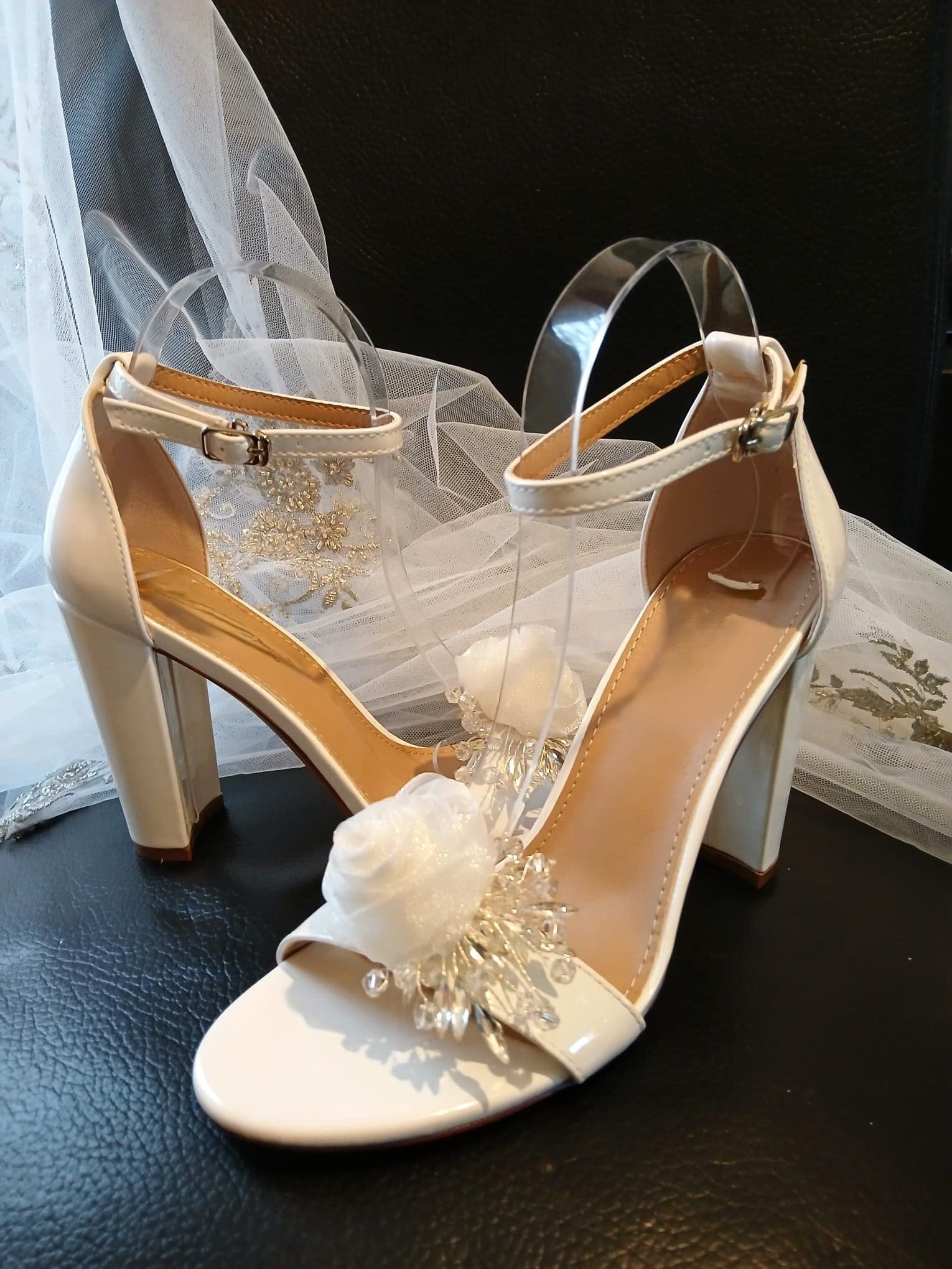 Off-White Bridal Sandals: Organza Flower Block Heel Shoes