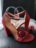 Wine Red Suede Bridal Sandals: Block Heel Shoes with Flower Clips
