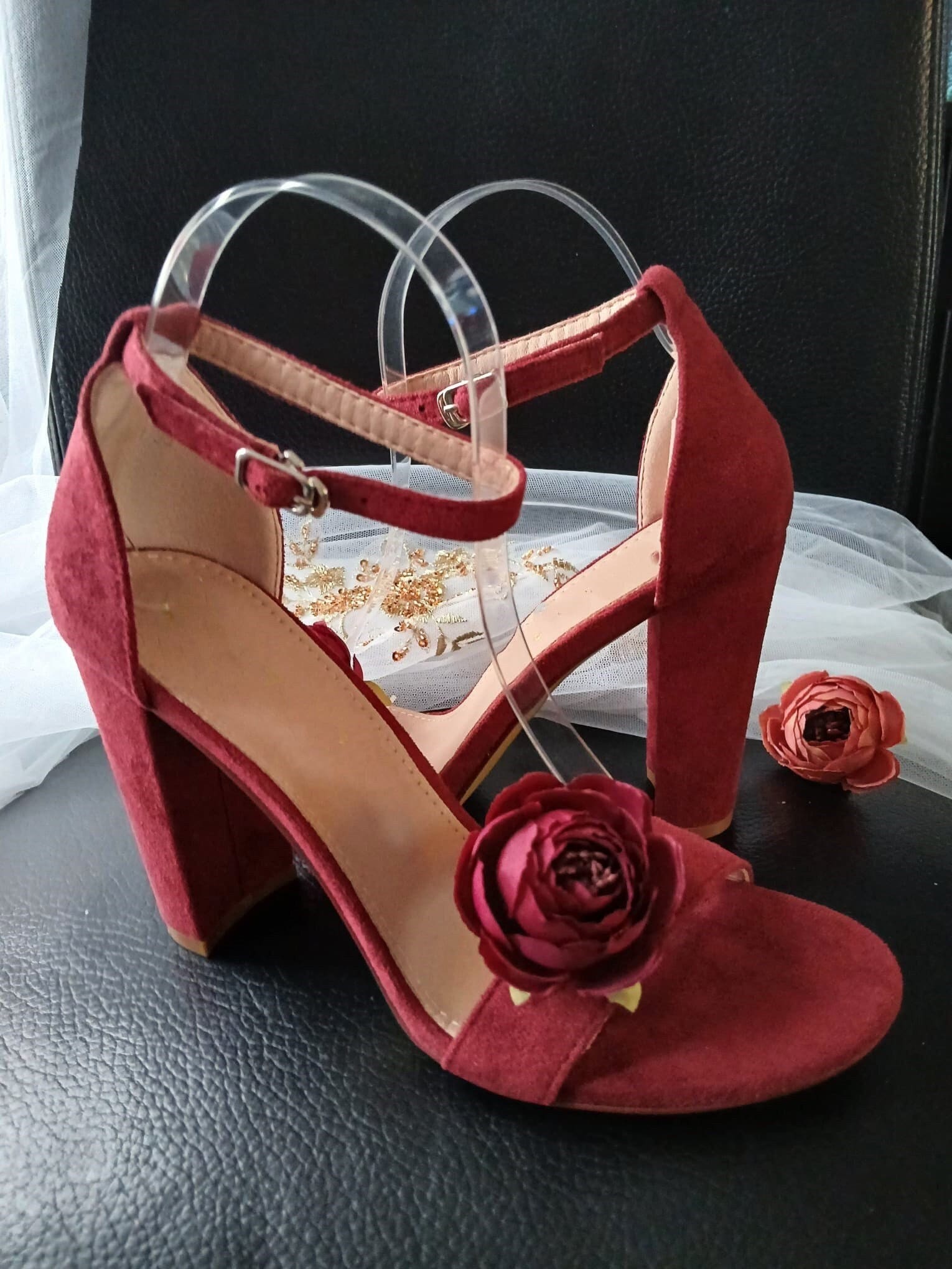 Wine Red Suede Bridal Sandals: Block Heel Shoes with Flower Clips