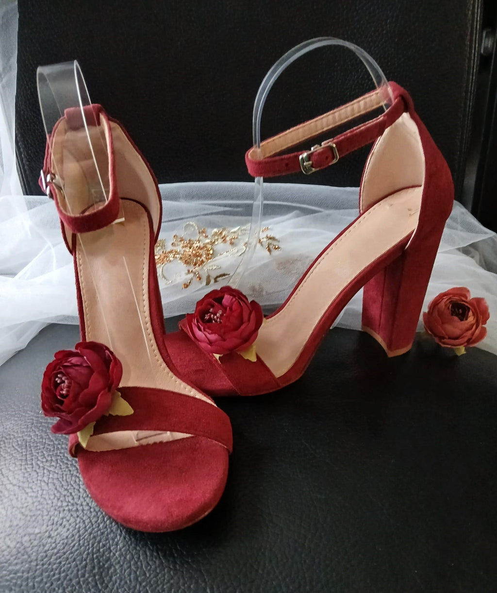 Wine Red Suede Bridal Sandals: Block Heel Shoes with Flower Clips