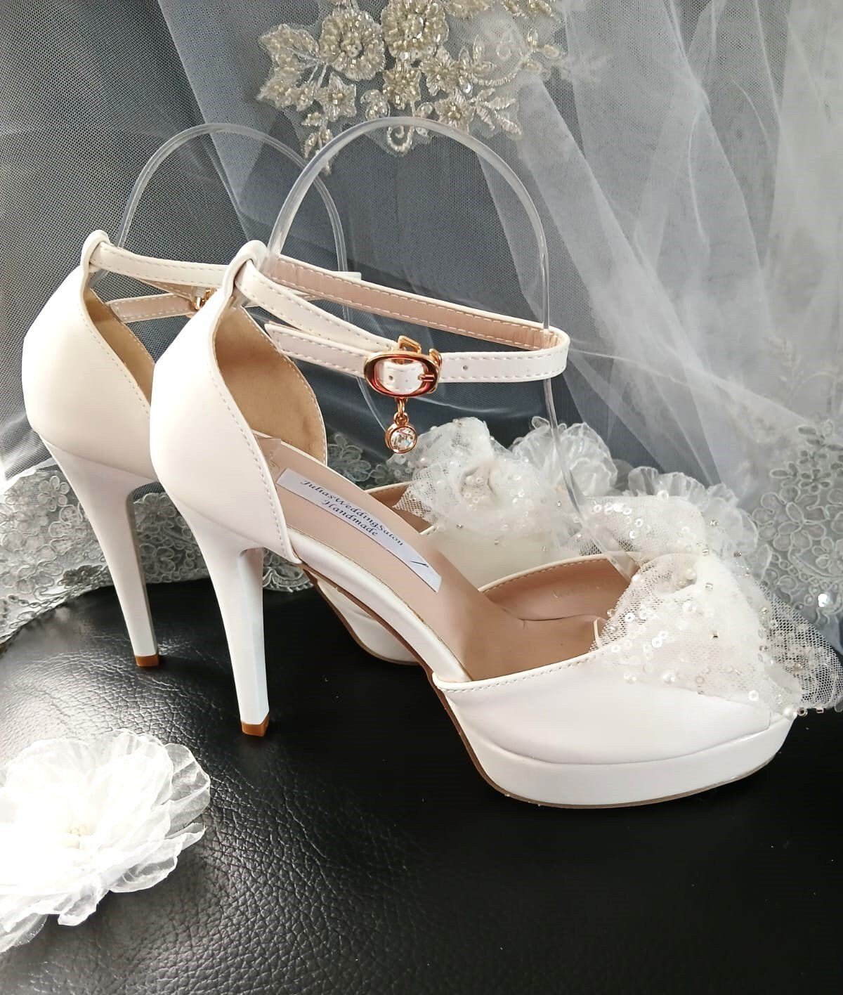 White Bridal Platform Sandals: Bow Tie High Heels
