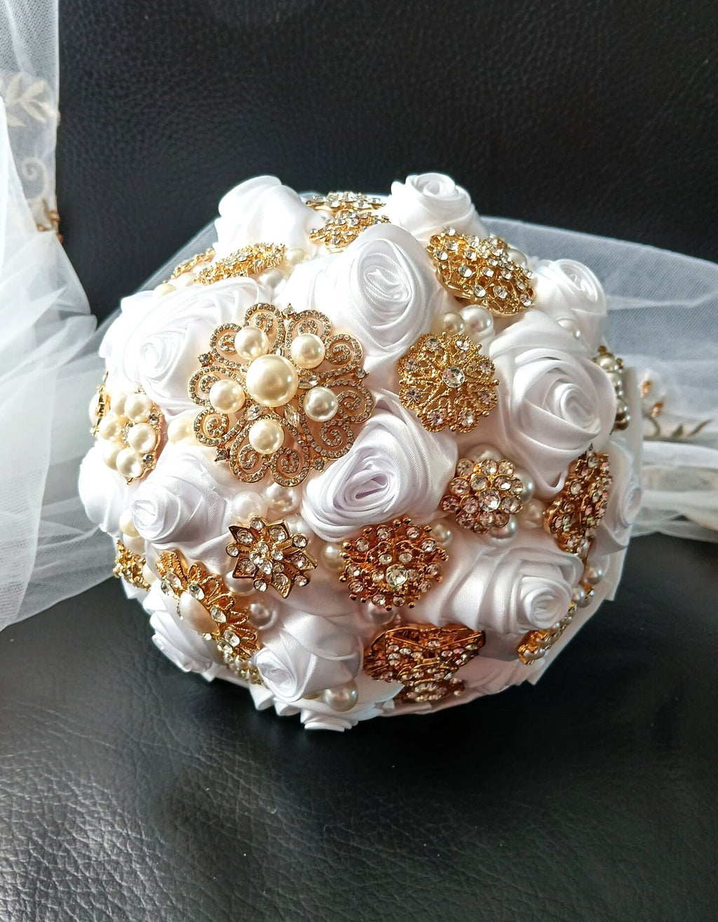 Handmade White Satin Rose Brooch Bouquet: Pearl Bling Wedding Bouquet