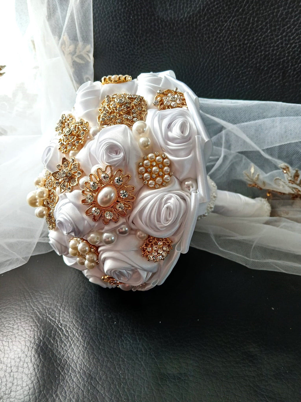 Handmade White Satin Rose Brooch Bouquet: Pearl Bling Wedding Bouquet