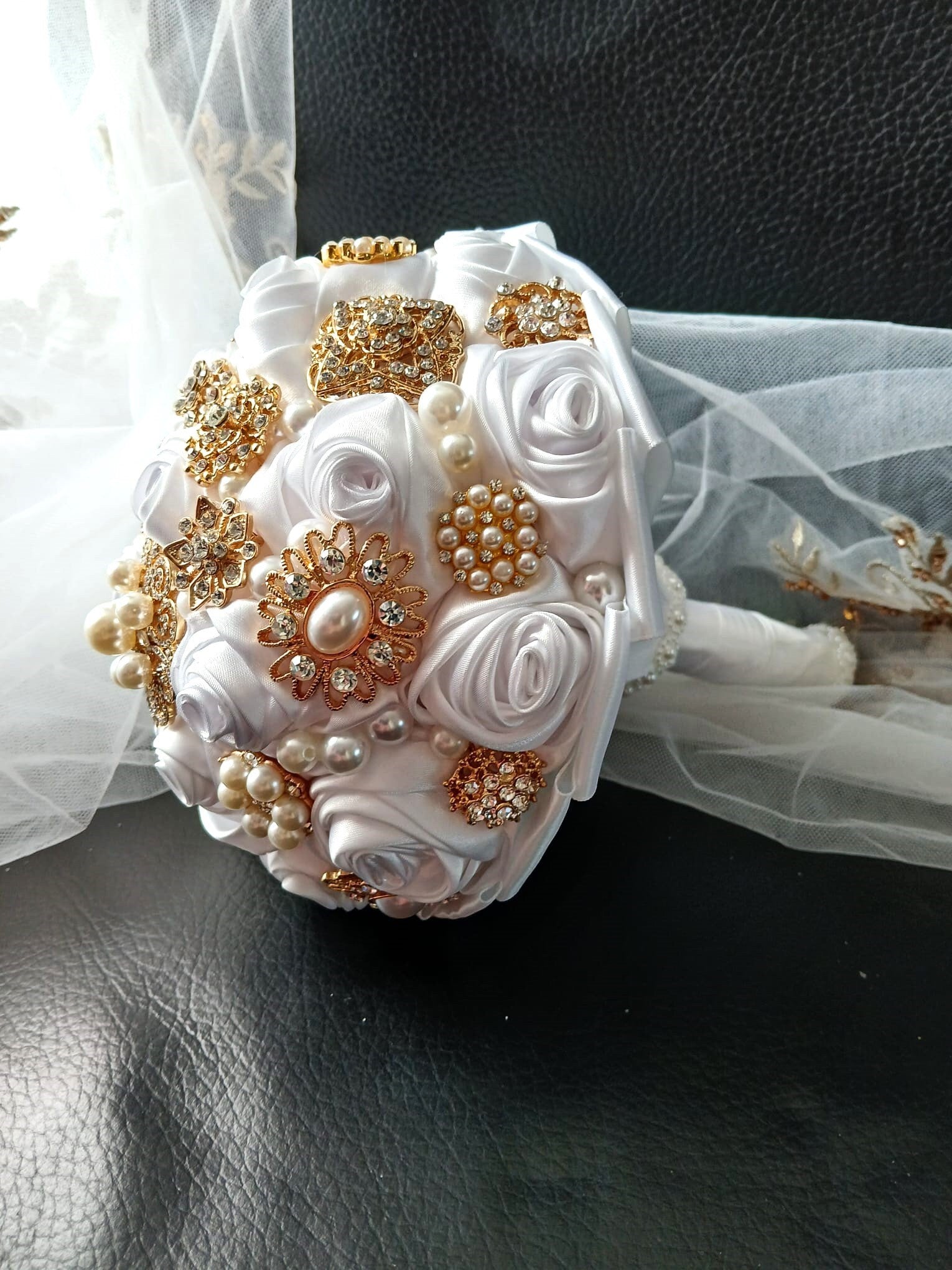 Handmade White Satin Rose Brooch Bouquet: Pearl Bling Wedding Bouquet