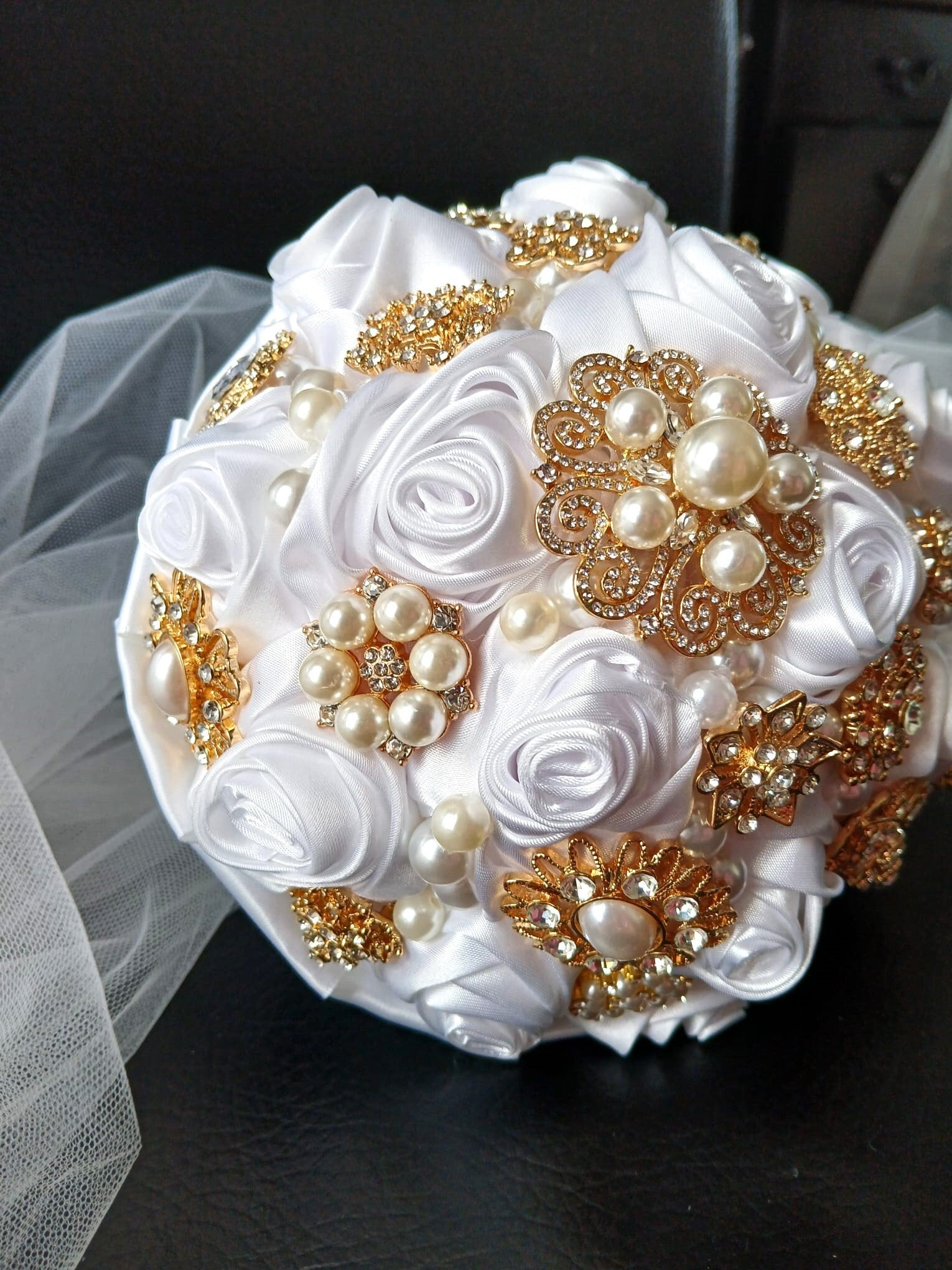 Handmade White Satin Rose Brooch Bouquet: Pearl Bling Wedding Bouquet