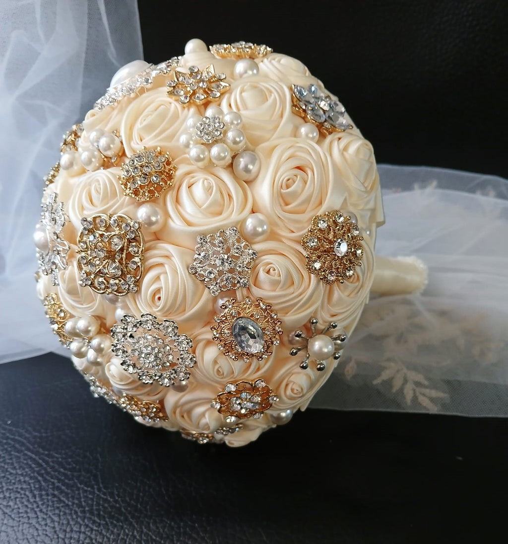 Ivory Satin Rose Brooch Wedding Bouquet: Handmade Bridal Keepsake