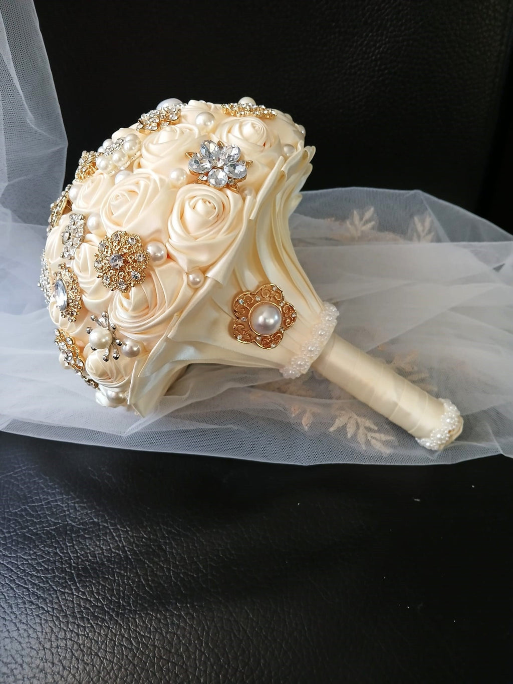 Ivory Satin Rose Brooch Wedding Bouquet: Handmade Bridal Keepsake