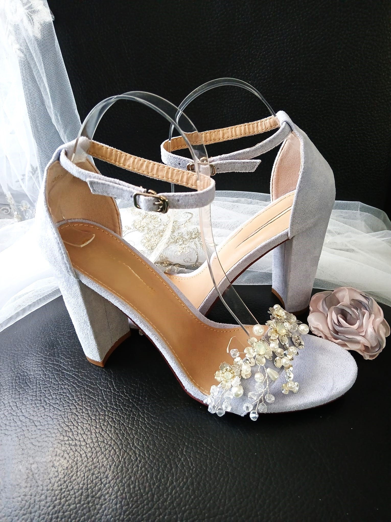 Lavender Suede Bridal Sandals: Block Heel Shoes with Flower Clips