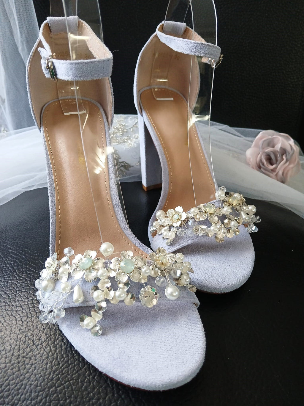 Lavender Suede Bridal Sandals: Block Heel Shoes with Flower Clips