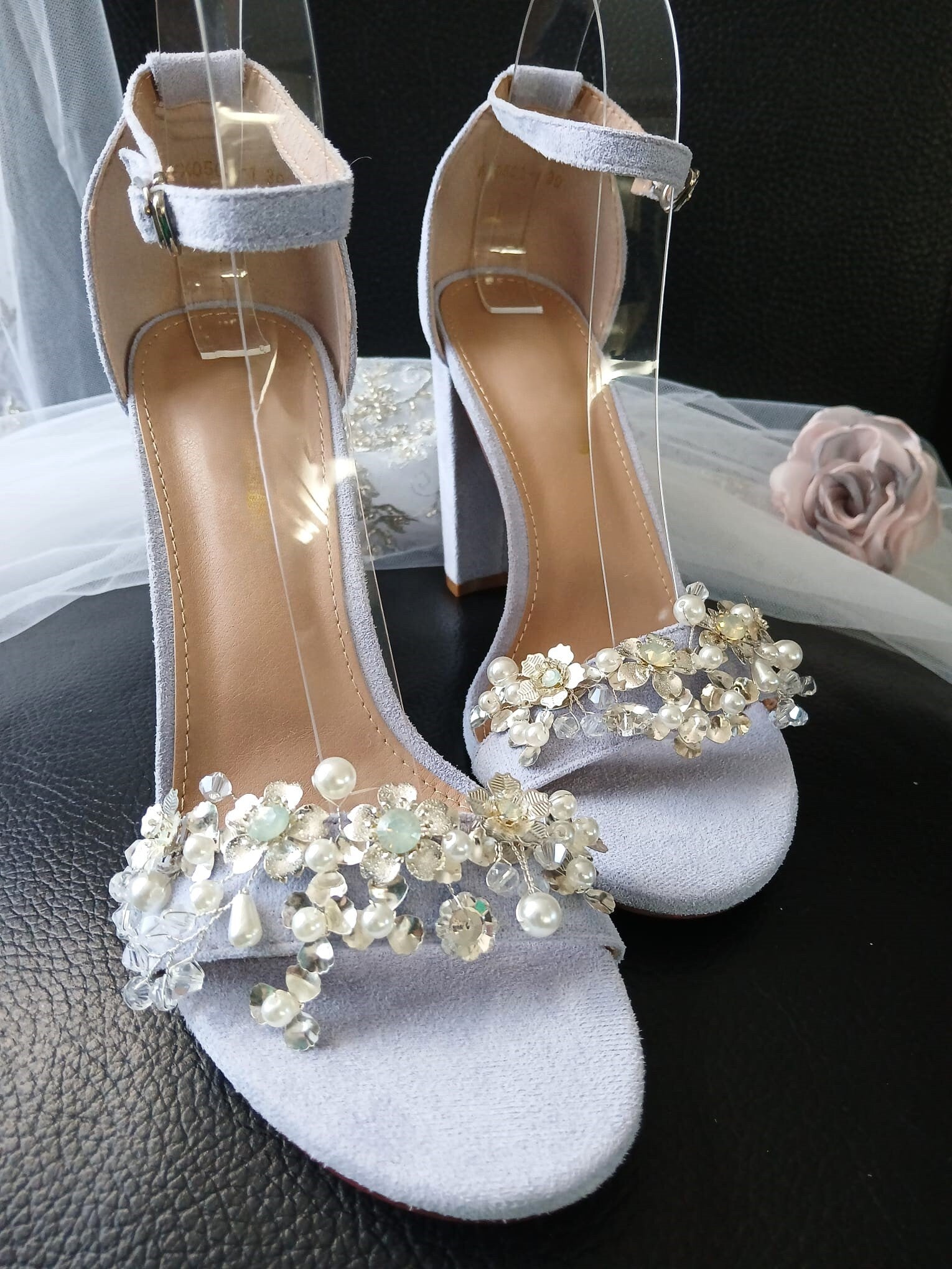 Lavender Suede Bridal Sandals: Block Heel Shoes with Flower Clips