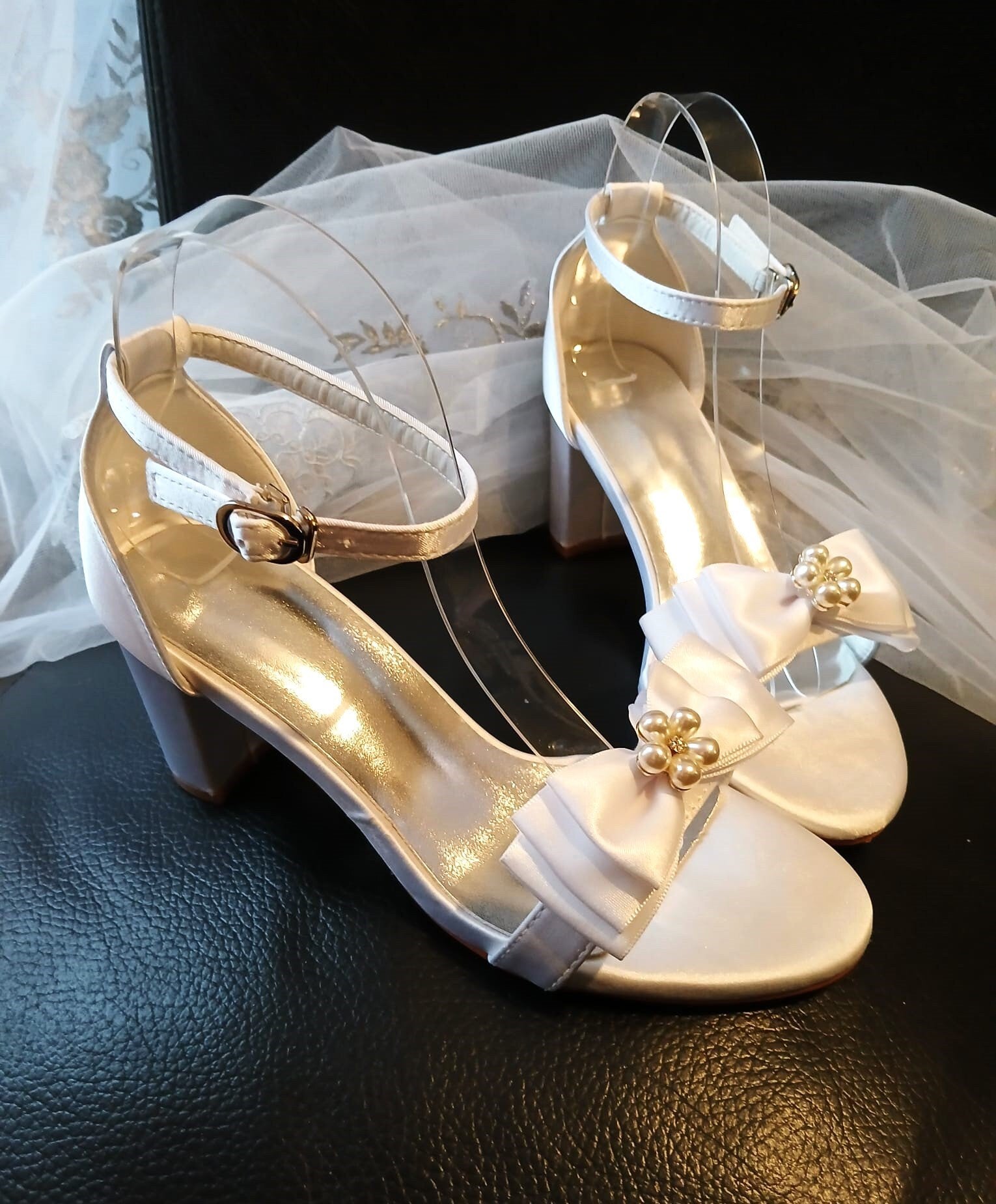 Satin Bridal Sandals with Bow Clips: Block Heel Wedding Shoes