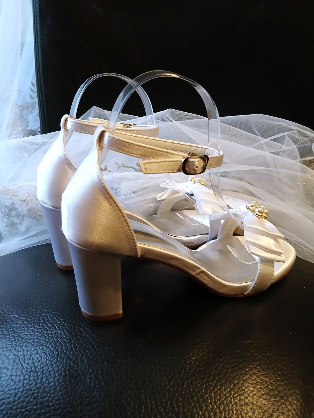 Satin Bridal Sandals with Bow Clips: Block Heel Wedding Shoes