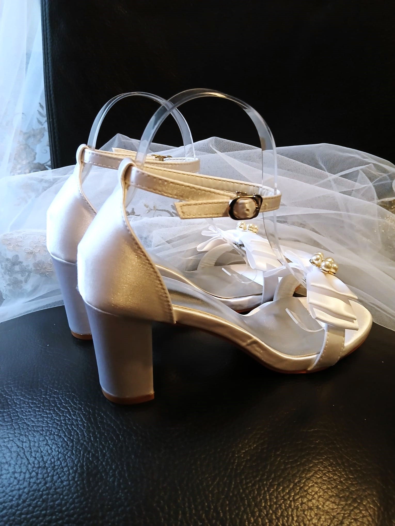 Satin Bridal Sandals with Bow Clips: Block Heel Wedding Shoes
