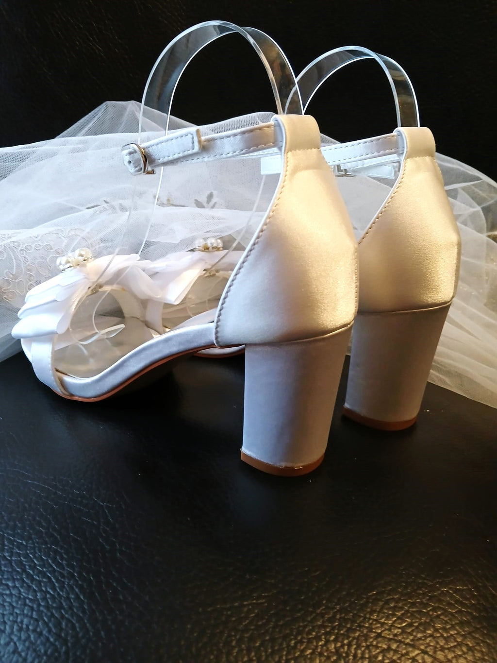 Satin Bridal Sandals with Bow Clips: Block Heel Wedding Shoes